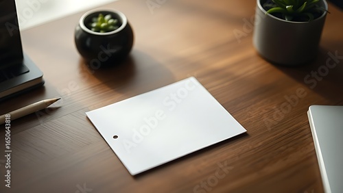 A blank notecard placed on a wooden desk with soft diffused lighting and shallow focus.