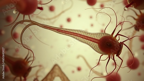 Microscopic view of decapitated sperm with parasite tendrils