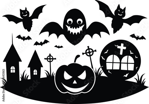 Vector art of spooky halloween scene with pumpkins, bats, ghosts, and a graveyard isolated on white background