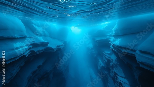 Underwater canyon with cascading blue layers creating a liquid avalanche visible through sonar-like ripples.