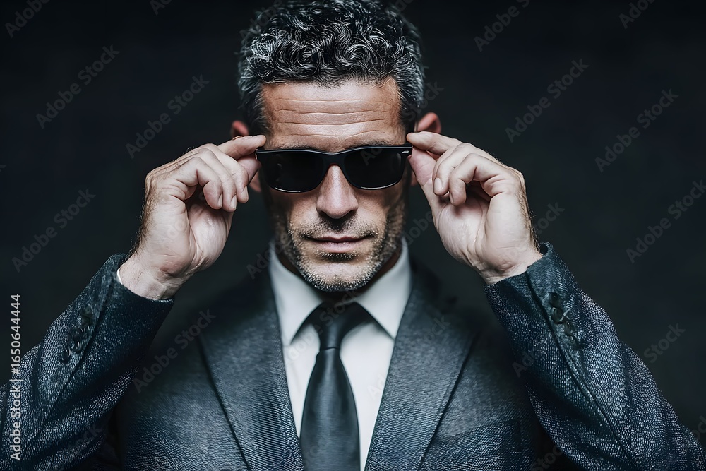 Obraz premium blind businessman adjusts sunglasses radiating quiet determination and resilient confidence.