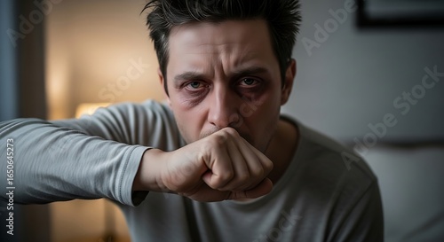 Exhausted Man with Dark Circles Under Eyes CloseUp Portrait Low Light Intense Gaze.