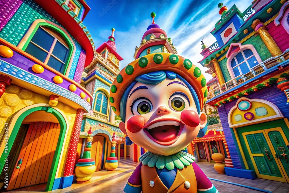 Fototapeta premium Whimsical Cartoon Character in Bright Architectural Setting - Positive & Playful Stock Photo