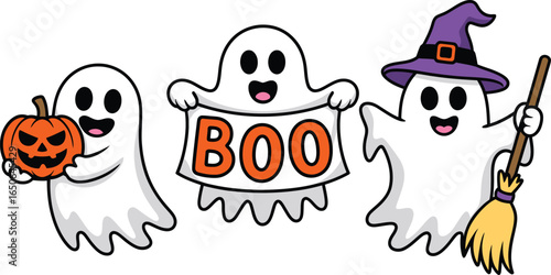 Vector Illustration of Three Cute Halloween Ghosts Holding Pumpkin, Boo Sign, and Witch Broom