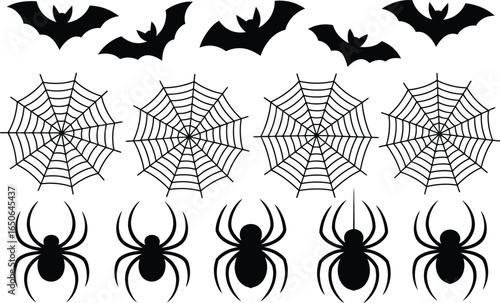 Halloween Vector Illustration Featuring Bats, Spider Webs, and Spiders in Black Silhouette Style for Spooky Seasonal Designs