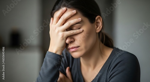 Exhausted Woman in Anguish Covering Her Face from Stress and Pain.