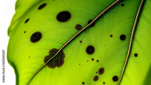 Abstract close-up of a wilting green leaf with dark spots, starkly contrasted against a sterile white background.