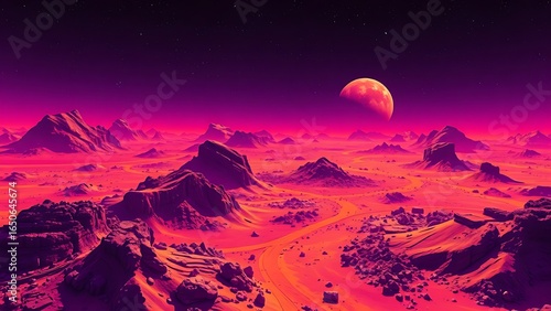 Surreal purple and orange Martian landscape viewed from satellite, with chromatic aberration effects.