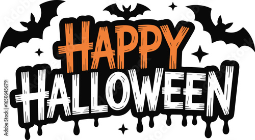 Halloween Vector Graphic Illustration of Happy Halloween Text with Spooky Bats, Creepy Design Elements, and Orange Accents for Halloween-themed Designs and Projects