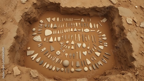 Neolithic tools arranged in geometric patterns on excavated earth layers.