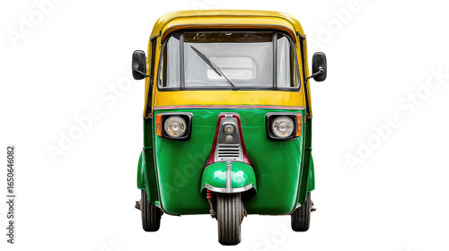 Colorful auto rickshaw with green and yellow design parked isolated on a white background for urban transportation imagery