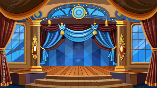 Luxurious brown velvet curtains draping an empty theater stage, theater, stage, velvet, blue, luxurious, elegant
