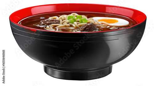 Delicious bowl of ramen with broth, tender meat, green onion, soft-boiled egg served in a stylish black and red bowl