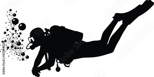 Silhouette of scuba diver underwater with bubbles, diving adventure, ocean exploration, diving gear