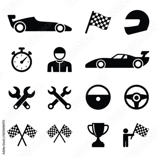Collection of formula 1 racing icons and symbols in black silhouette