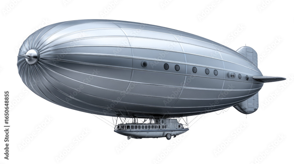 Obraz premium Vintage Airship Blimp Flying Through Clear Blue Sky, Retro Transportation Concept, Nostalgia and Adventure