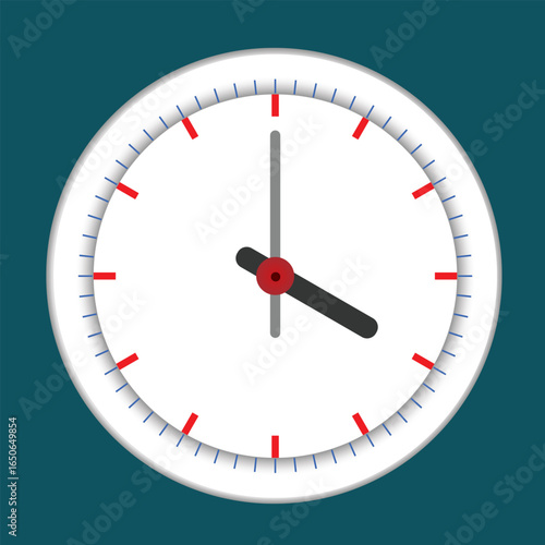 A white round clock with a blue-green background shows the time 4:00.