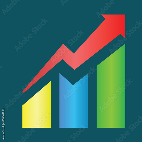 A multi-colored bar chart with a red arrow pointing up represents growth or advancement in career finances, and life.