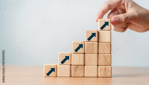 Stacking Wooden Blocks as Steps with Arrow Up – Ladder to Success Idea