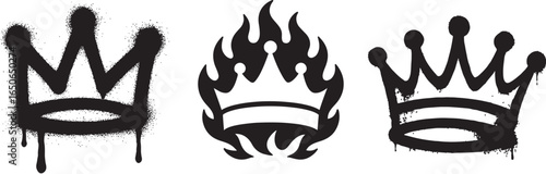 Set of graffiti spray painted crowns. Black brush paint king crown isolated on white background. Hand drawn street art vector illustration. Grunge airbrush drawing, inky elements with splashes.