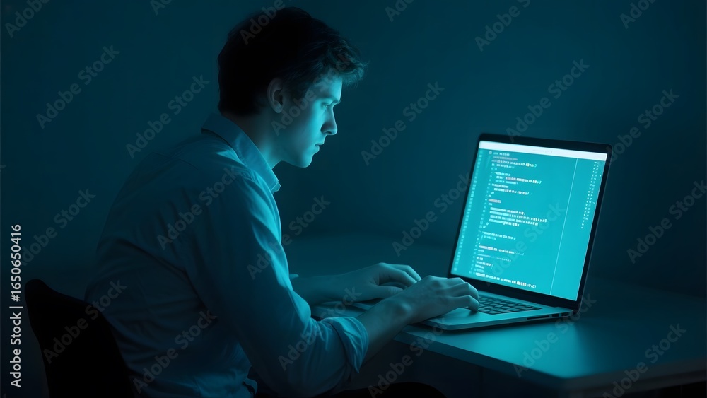 A person is intently working on a laptop in a dimly lit room, focusing on code displayed on the screen. A person is intently working on a laptop in a dimly lit room, focusing on code displayed on the screen.