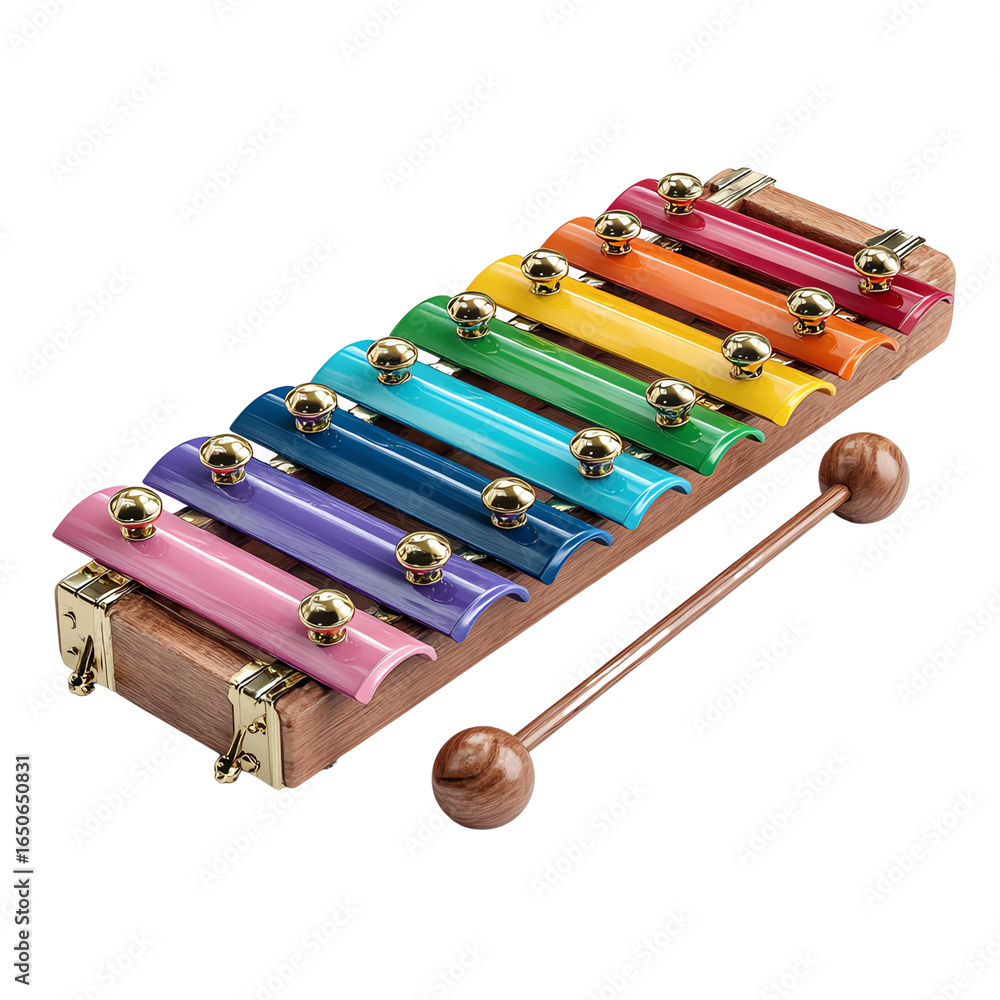 Naklejka premium A colorful xylophone rests on a wooden base, inviting creativity and musical exploration.