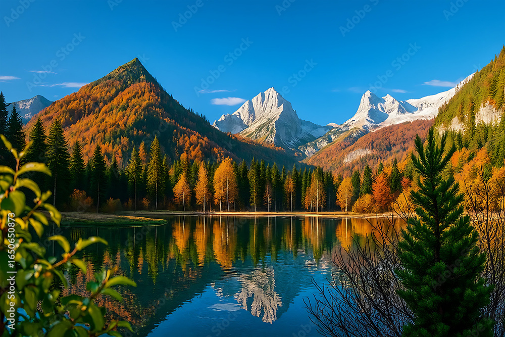 Obraz premium Vibrant autumn at Schieder weiher in Upper Austria showcases stun
