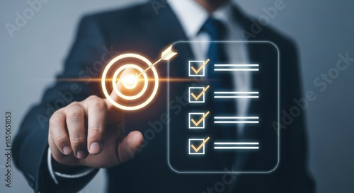 Businessman touching screen with target and completed checklist, symbolizing goal achievement