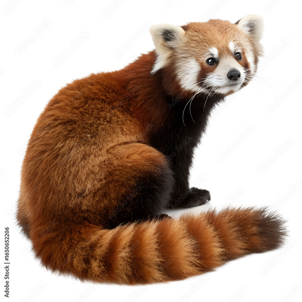 Obraz premium A cute red panda sitting and looking at the camera isolated on transparent background in a studio shot