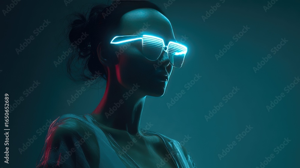 A woman with neon sunglasses in a futuristic and technological environment A woman with neon sunglasses in a futuristic and technological environment