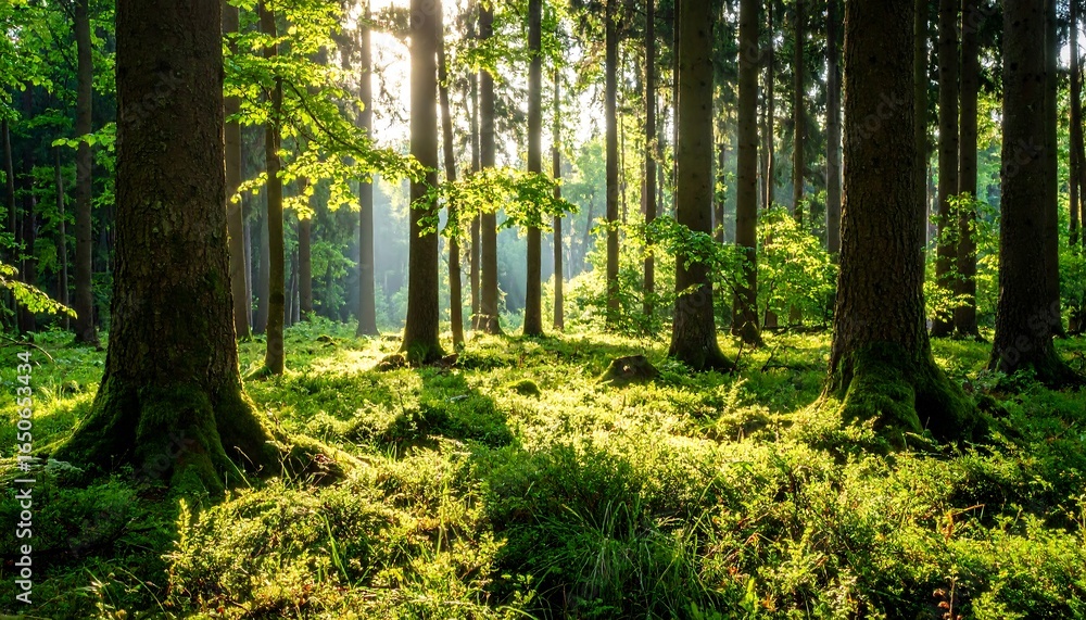Fototapeta premium Sunlit forest floor, moss, and tall trees