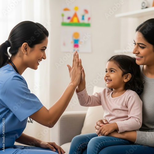 hispanic mother and daughter. Happy Indian woman pediatrician in uniform gives high five to cute little girl. smiling kid while sits on her mother lap during doctor home visit.