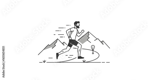 Dynamic black and white line art illustration of a bearded man trail running through mountainous terrain, embodying an active outdoor lifestyle and adventure in a minimalist graphic style