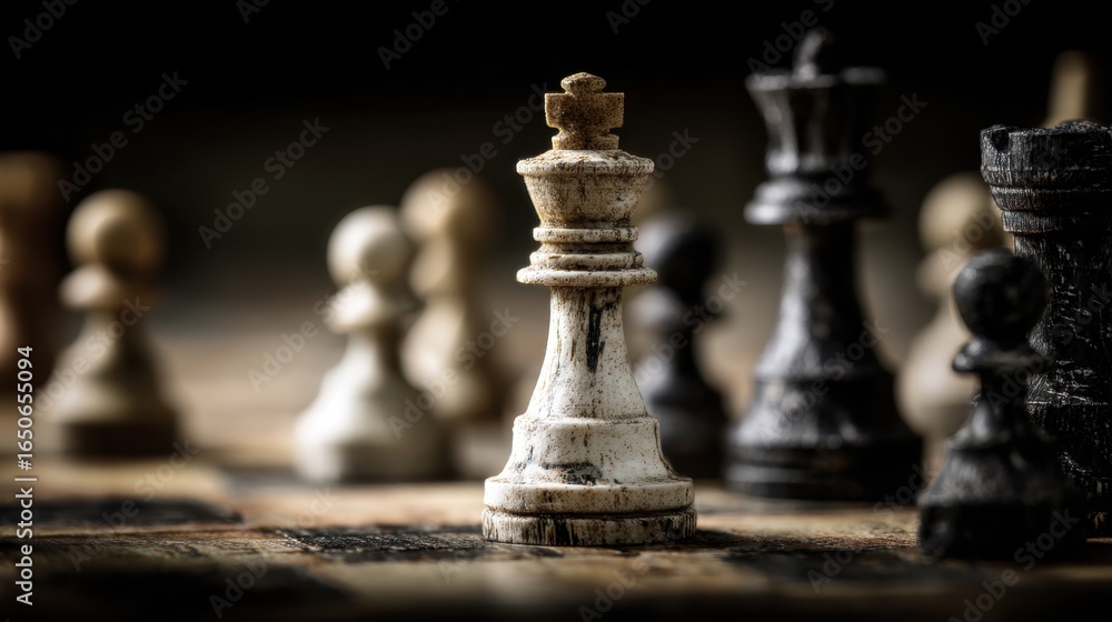 Fototapeta premium Strategic Game: A close-up shot showcases a chess board in play, emphasizing the commanding presence of the king piece amidst a strategic array of other pieces.