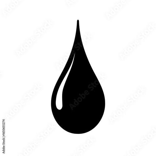 Single black droplet of liquid on a solid white background image