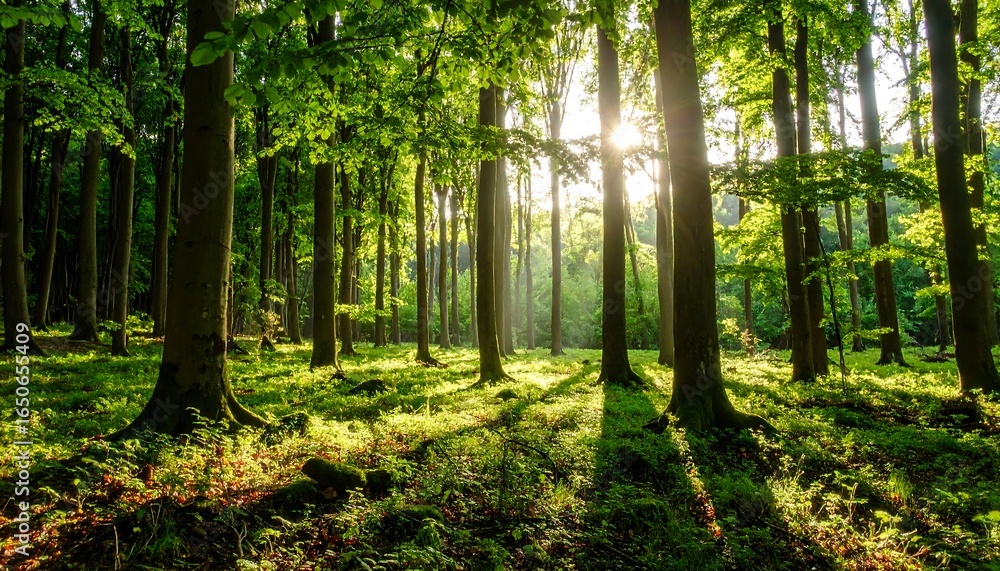 Fototapeta premium Sunlit forest scene with lush green canopy and mossy undergrowth
