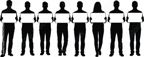 Silhouettes of diverse men and women holding blank signs, protest demonstration, social message