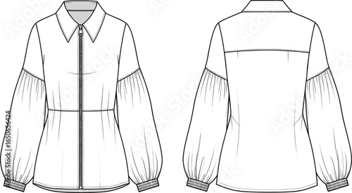 Front and back view of women’s long sleeve blouse with zipper, puff sleeves, collar, vector fashion CAD drawing, technical sketch