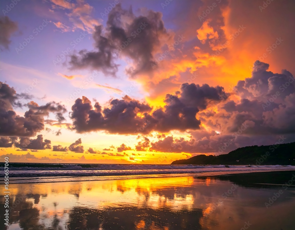 Obraz premium Dramatic sunset over a tranquil beach