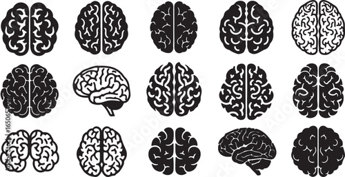 Assortment of Black Brain Silhouettes Showing Different Views and Styles mind thinking