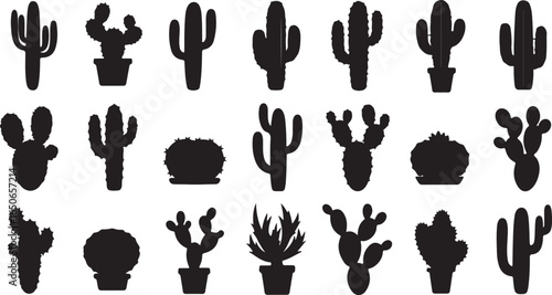 Assortment of black cactus silhouettes in pots and without on white cacti succulent