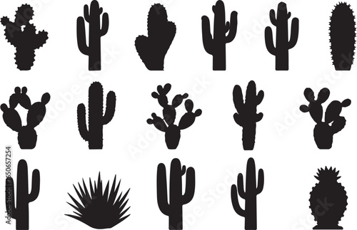Collection of black silhouette cactus and succulent plant icons on white background