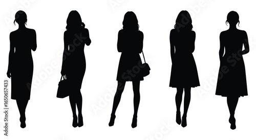 Five black silhouettes of women in dresses and heels walking or standing