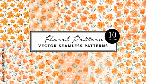 ボタニカルな小花柄のシームレスなベクター背景スウォッチセット オレンジ/ホワイト
