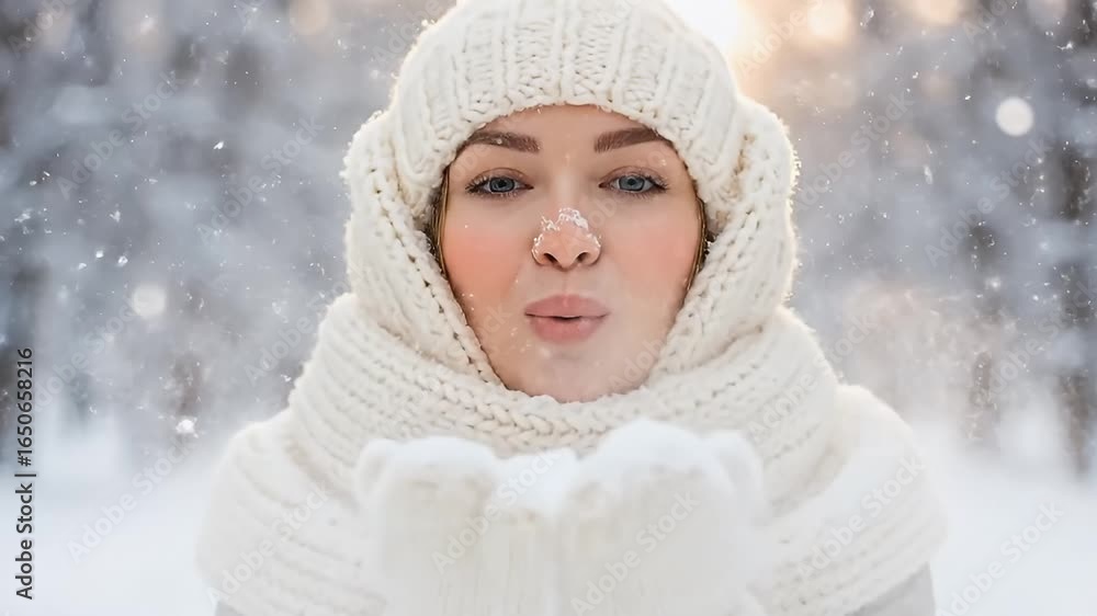 Woman in winter gear blowing snow wearing a knit hat and scarf