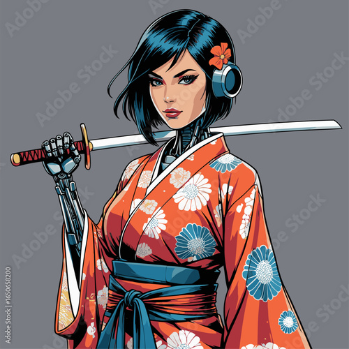 vector female robot wearing a kimono carrying a katana sword