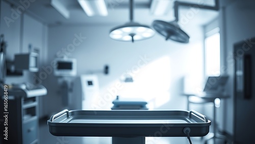 Sterile medical environment with empty surgical tray and dramatic lighting, conveying modern healthcare.