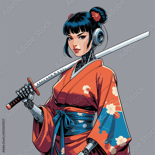 vector female robot wearing a kimono carrying a katana sword