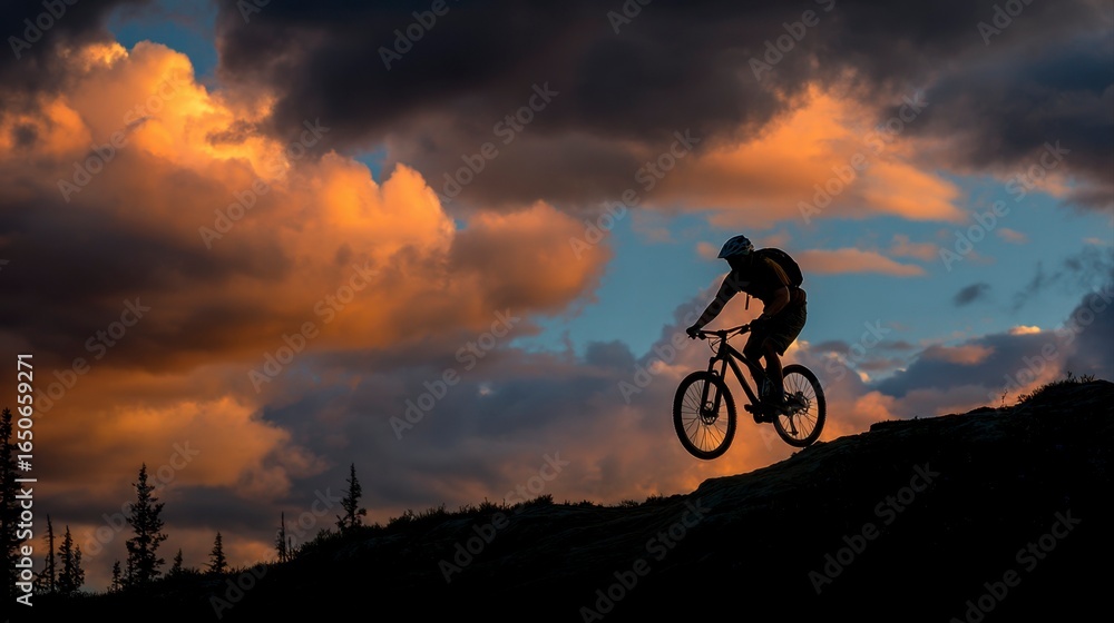 Obraz premium Silhouetted Mountain Biker in Sunset with Dramatic Cloud Formation