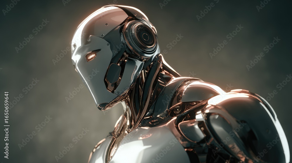 Fototapeta premium a futuristic chrome robot with glowing eyes and a determined expression, set against a dim, atmospheric background
